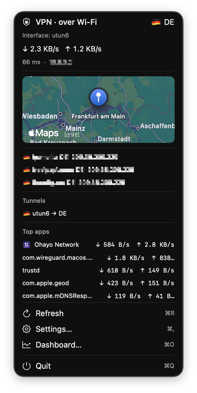 The Ohayo Network popover: connection, speed, map of the exit location, tunnels and top apps