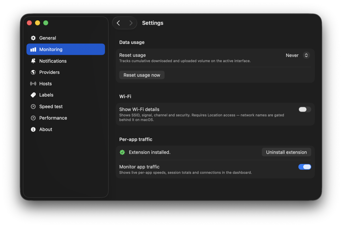 The Monitoring settings pane with the system extension section and the per-app traffic toggle