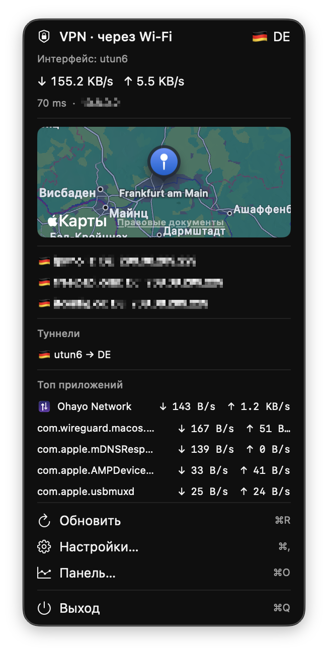 Всплывающее окно Ohayo Network: подключение, скорость, карта точки выхода, туннели и топ приложений